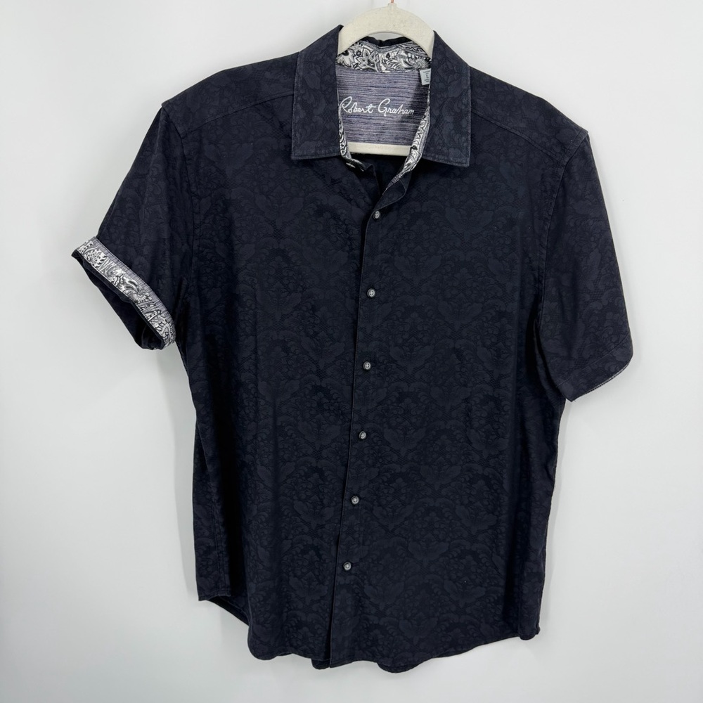 Robert Graham sz L Mens Bayview Woven‎ Shirt Black damask Gray Contrast Cuff
